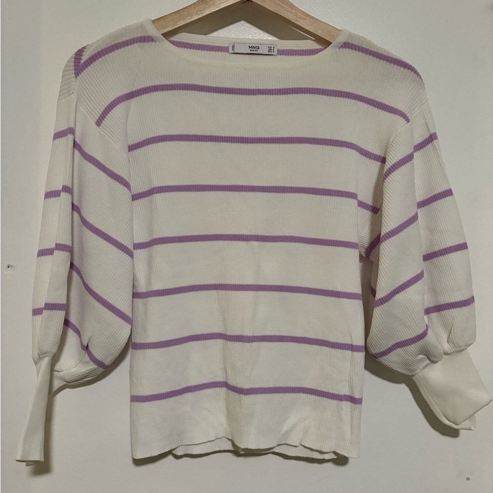 Mango White and Purple Striped Sweater